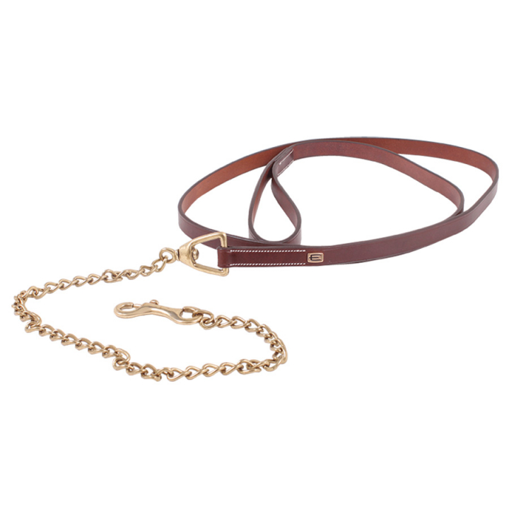 Leren Halstertouwen E-logo met Ketting Bruin/Messing in de groep Paardenuitrusting / Halstertouwen & Transport Halstertouwen / Ketting Halstertouwen bij Equinest (607002000399BR)