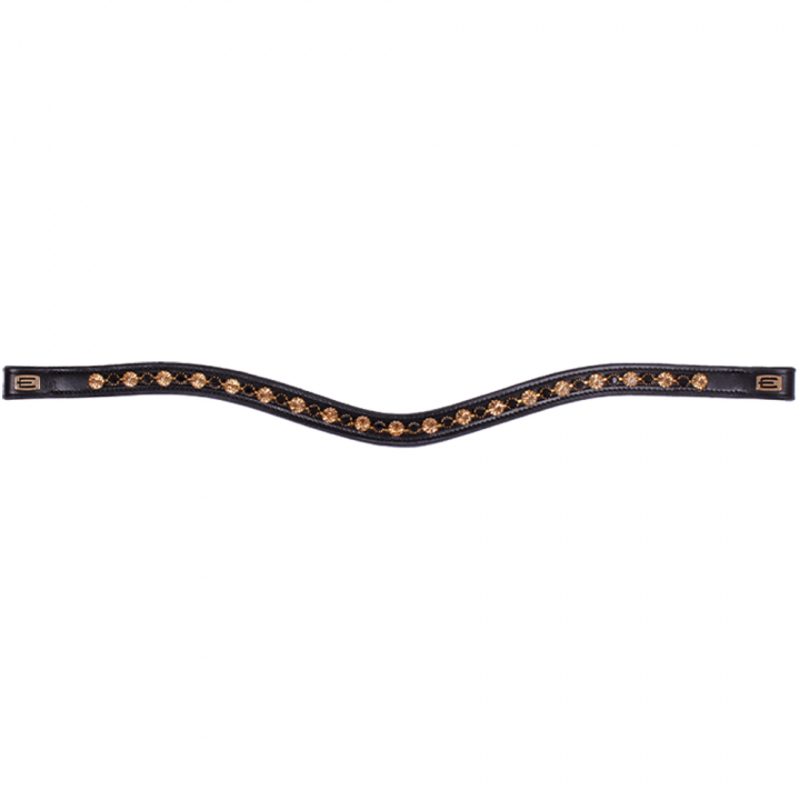 Frontriemen E-Logo & Gouden/Zwarte Kristallen Zwart/Messing in de groep Paardenuitrusting / Hoofdstellen & Frontriemen / Frontriemen bij Equinest (6230056BAGO)