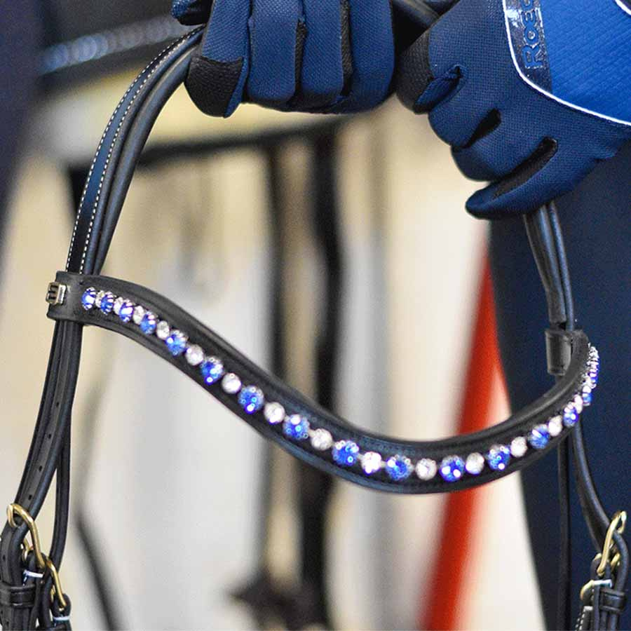 Frontriemen E-Logo & Blauwe/Witte Kristallen Zwart/Zilver