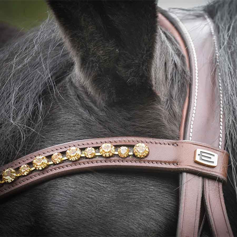 Frontriem E-logo Goud Kristallen Bruin/Messing